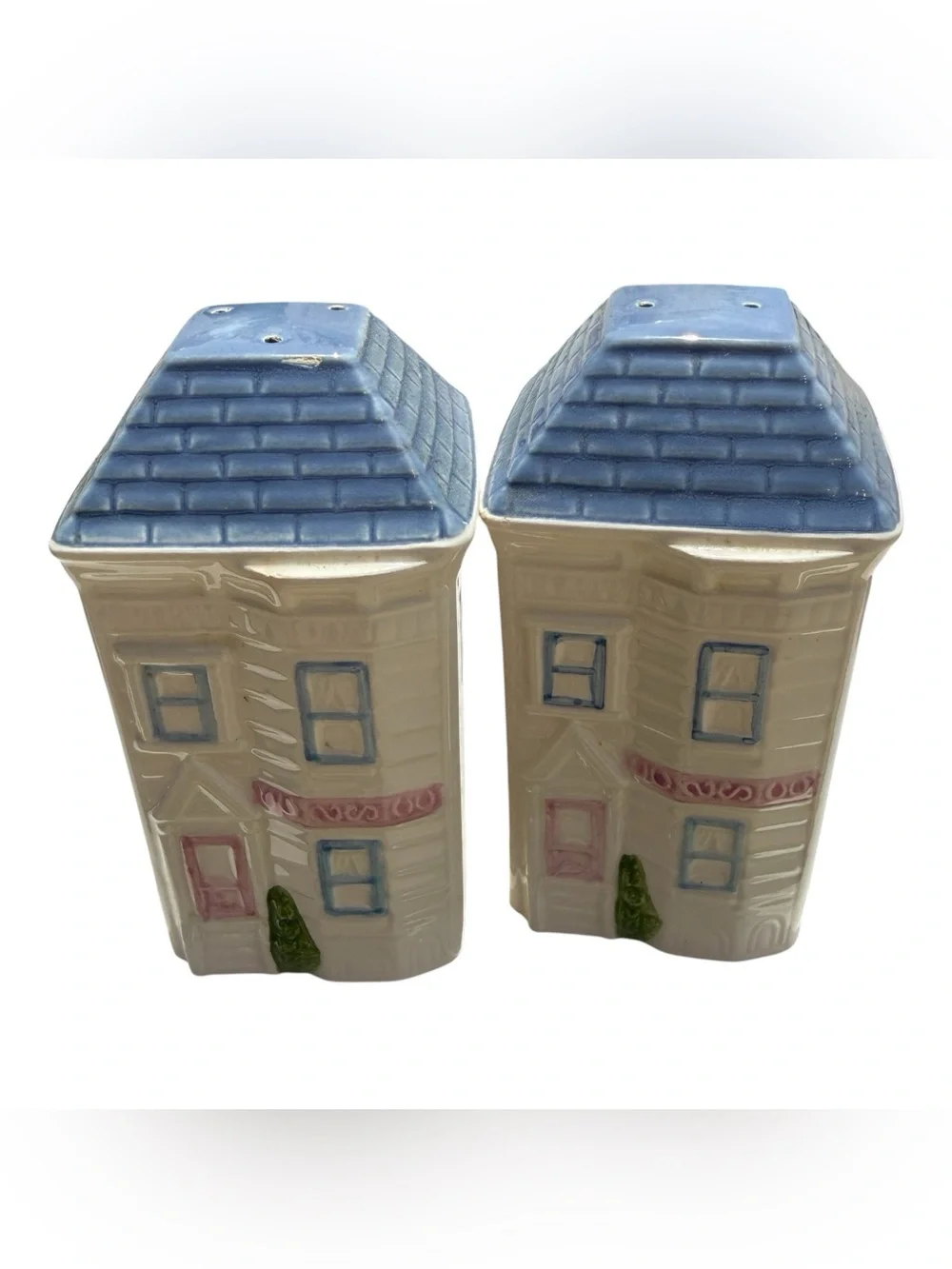 Vintage 1988 Hearth & Home Ceramic House Canister Set Blue Pink 7 Piece Kitchen
